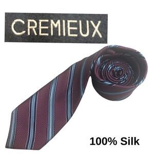 David Cremieux 100% Silk Magenta and Blue Woven Striped Tie. Made in the USA